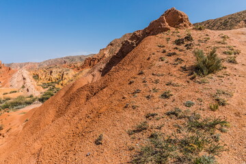 Skazka (Fairytale) Canyon - the most unusual and picturesque gorge on the southern shore of Issyk-Kul, the main attraction in the vicinity of the lake, Kyrgyzstan