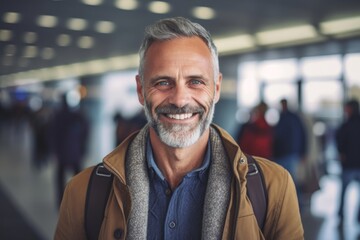 Portrait of handsome mature man standing in airport terminal. Mature man looking at camera and smiling.