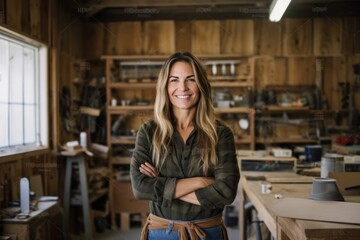 Obraz na płótnie Canvas Medium shot portrait photography of a pleased woman in her 30s that is wearing a pair of leggings or tights against a woodworking or crafting studio background . Generative AI