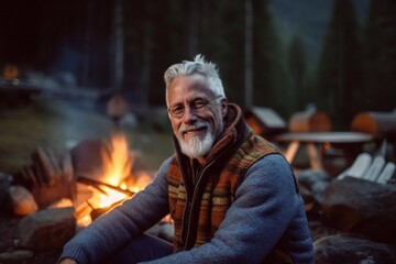 Medium shot portrait photography of a satisfied man in his 60s that is wearing a chic cardigan against a remote wilderness campground with a roaring campfire background . Generative AI