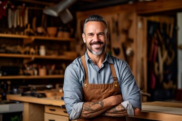 Portrait of a smiling mature man in apron standing with arms crossed in a coffeeshop