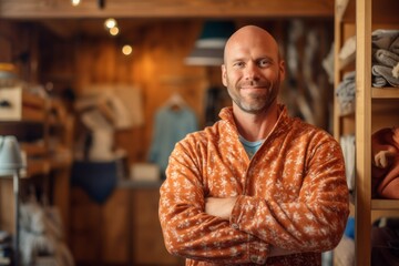 Obraz premium Portrait of a smiling mature man in a clothing store standing with folded arms