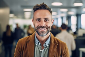 Portrait of a handsome young man smiling at the camera while standing in a modern office