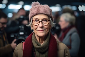 Portrait of a senior woman in a hat and scarf with a camera in her hand