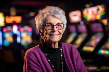 Fototapeta premium Portrait of a smiling senior woman playing slot machine in a casino