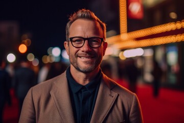 Obraz premium Portrait of a handsome middle-aged man with glasses and a beige coat on the street at night.