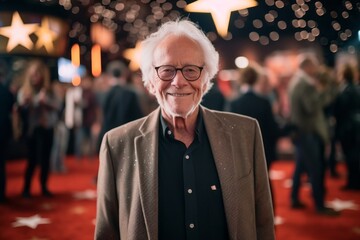 Medium shot portrait photography of a satisfied man in his 70s that is wearing a chic cardigan against a hollywood red carpet premiere with stars and cameras background . Generative AI