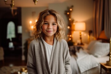 Obraz premium Portrait of cute little girl smiling at camera in bedroom at home