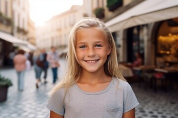 Fototapeta premium Medium shot portrait photography of a satisfied child female that is wearing a casual t-shirt against a charming european cobblestone street with cafes background . Generative AI