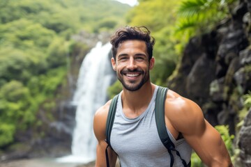 Fototapeta premium Medium shot portrait photography of a pleased man in his 20s that is wearing a sporty tank top against a scenic hiking trail with a waterfall in the distance background . Generative AI