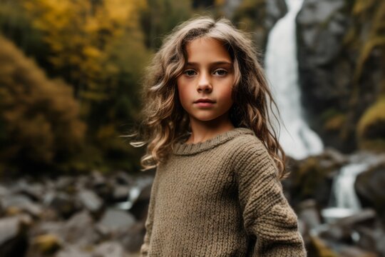Portrait of a beautiful little girl in a sweater against the background of a waterfall