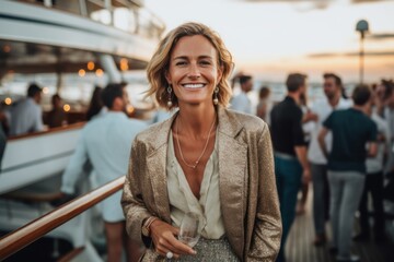 Medium shot portrait photography of a pleased woman in her 40s that is wearing a chic cardigan against a luxurious yacht party with people mingling background . Generative AI