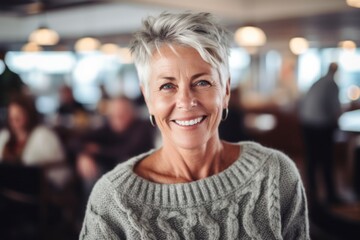 Portrait of smiling senior woman standing in cafe and looking at camera