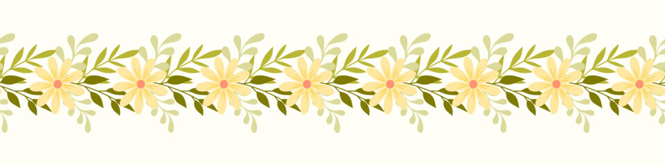 Fototapeta na wymiar Seamless horizontal border pattern of hand drawn wild doodle flowers and leaves, on isolated background. Design for springtime, summertime celebration, scrapbooking, home decor, paper craft.