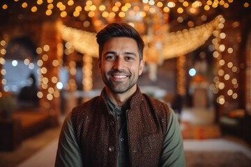 Portrait of a handsome young man looking at camera on christmas lights background
