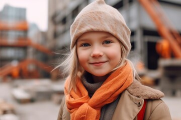 Portrait of a cute little girl on the background of a construction site