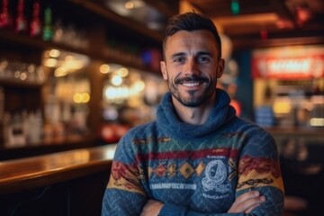 Portrait of smiling man standing with arms crossed at counter in pub