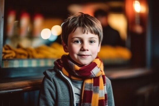 Medium shot portrait photography of a pleased child male that is wearing a charming scarf against a raucous soccer fan's bar during a major match background . Generative AI