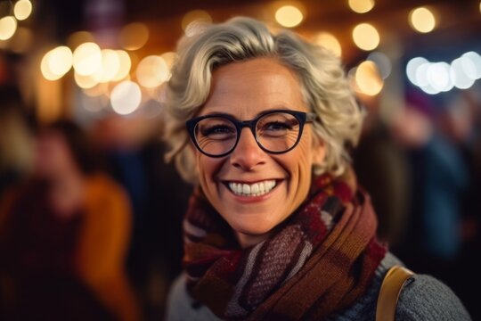 Medium shot portrait photography of a grinning woman in her 40s that is wearing a cozy sweater against a lively oktoberfest celebration with attendees in traditional attire background . Generative AI