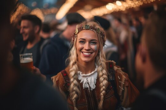 Beautiful girl with blond dreadlocks in a traditional Bavarian costume with a mug of beer.