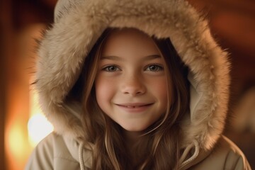Portrait of a cute little girl in a winter coat with a hood