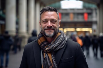 Portrait of handsome middle aged man in the city. Shallow depth of field.