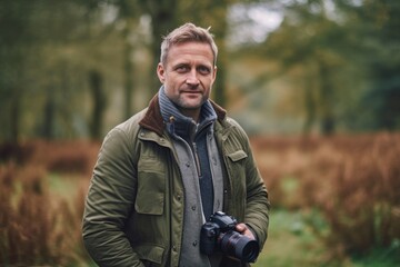 Medium shot portrait photography of a pleased man in his 40s that is wearing a chic cardigan against a wildlife documentary filming with a camera crew background . Generative AI