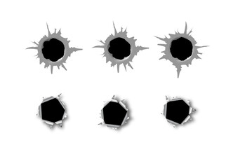 Ragged hole in metal from bullets on white transparent background. Vector - obrazy, fototapety, plakaty