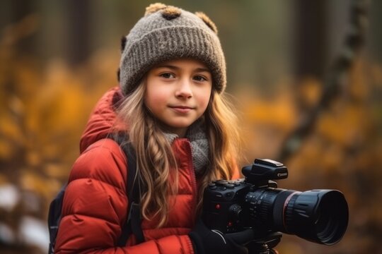 Cute little girl with a camera on the background of autumn forest