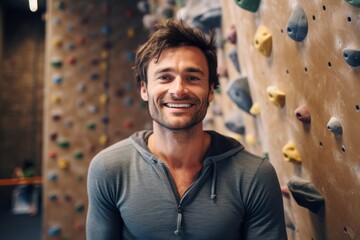 Medium shot portrait photography of a grinning man in his 30s that is wearing a chic cardigan against an indoor rock climbing wall with climbers background . Generative AI