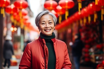 Happy asian senior woman walking in chinese street with red lanterns