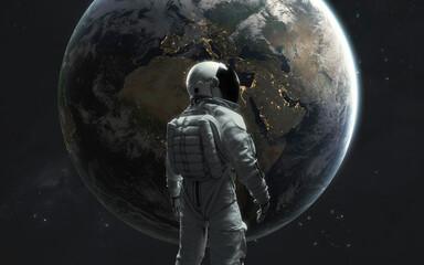 Fototapeta na wymiar 3D illustration of astronaut in front of Earth planet. 5K realistic science fiction art. Elements of image provided by Nasa