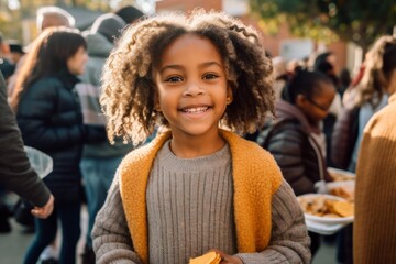 Medium shot portrait photography of a cheerful child female that is wearing a cozy sweater against a neighborhood block party with food and games background . Generative AI
