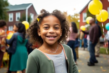 Medium shot portrait photography of a grinning child female that is wearing a chic cardigan against a neighborhood block party with food and games background . Generative AI