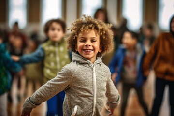 Medium shot portrait photography of a pleased child male that is wearing a chic cardigan against an energetic zumba class with participants dancing background . Generative AI