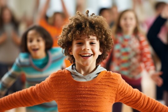 Medium shot portrait photography of a pleased child male that is wearing a chic cardigan against an energetic zumba class with participants dancing background . Generative AI