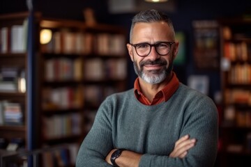 Medium shot portrait photography of a satisfied man in his 40s that is wearing a chic cardigan against a cozy bookstore filled with books and readers background . Generative AI