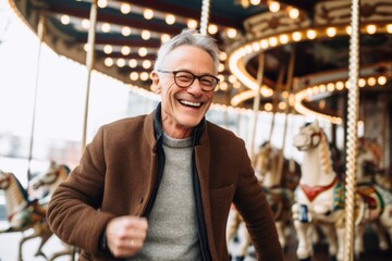 Medium shot portrait photography of a cheerful man in his 60s that is wearing a chic cardigan against an old-fashioned carousel in motion at a city square background . Generative AI