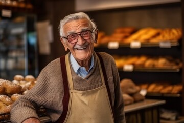 Medium shot portrait photography of a satisfied 100-year-old elderly man that is wearing a chic cardigan against a busy bakery with freshly baked goods and bakers at work background . Generative AI