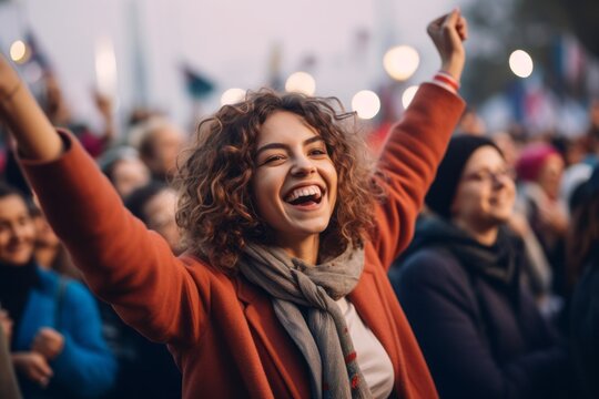 Medium shot portrait photography of a pleased woman in her 30s that is wearing a chic cardigan against a lively political rally with passionate supporters background . Generative AI