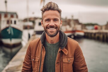 Naklejka premium Medium shot portrait photography of a pleased man in his 30s that is wearing a chic cardigan against a picturesque fishing village with boats and seagulls background . Generative AI