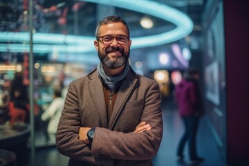 Fototapeta premium Portrait of a handsome mature man in a coat and glasses standing with arms crossed in a shopping center.
