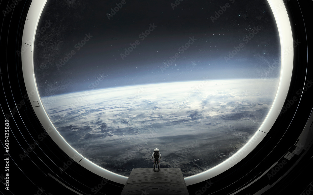 Wall mural astronaut at a huge window of spaceship observes the orbit of the planet earth. 5k realistic science