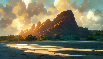 Heavenly horizo. Hawaiian peaks, palm trees, and dawn's embrace. Fantasy fictional image. AI-generated - 609425806