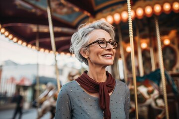 Medium shot portrait photography of a pleased woman in her 50s that is wearing a chic cardigan against an old-fashioned carousel in motion at a city square background . Generative AI
