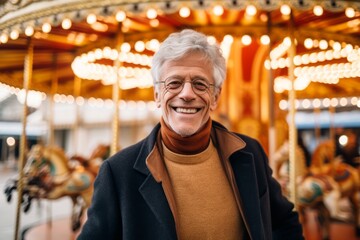 Fototapeta na wymiar Medium shot portrait photography of a pleased man in his 60s that is wearing a chic cardigan against an old-fashioned carousel in motion at a city square background . Generative AI
