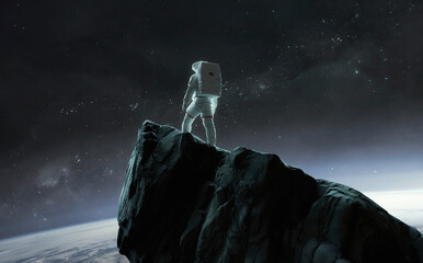 Astronaut conquers an unknown planet, stands on a high mountain. Colony. 5K realistic science fiction art. Elements of image provided by Nasa - 609426040