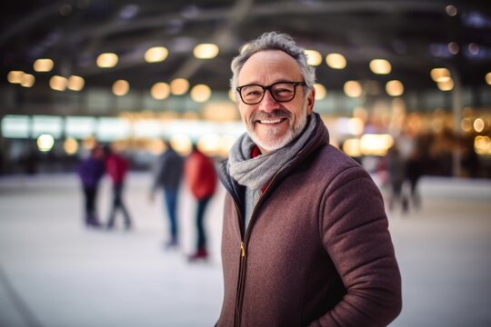 Medium shot portrait photography of a pleased man in his 50s that is wearing a chic cardigan against an indoor ice-skating rink with skaters of all skill levels background . Generative AI