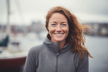 Fototapeta premium Portrait of smiling woman with red hair standing on pier and looking at camera