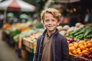 Medium shot portrait photography of a grinning child male that is wearing a chic cardigan against a vibrant and lively farmer's market with seasonal produce background . Generative AI